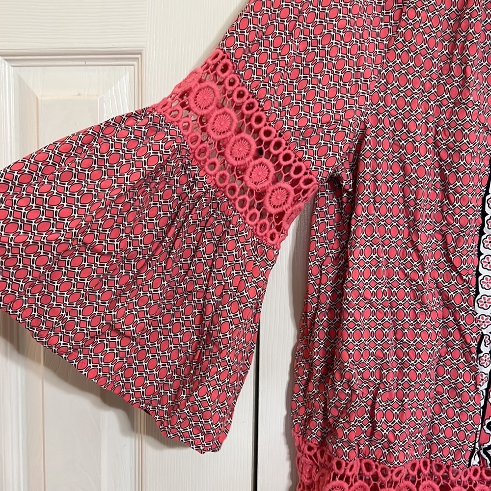 Crown & Ivy Womens Peasant Crochet Insert Bell Sleeve Blouse PXL Coral Shirt Top - Picture 5 of 7